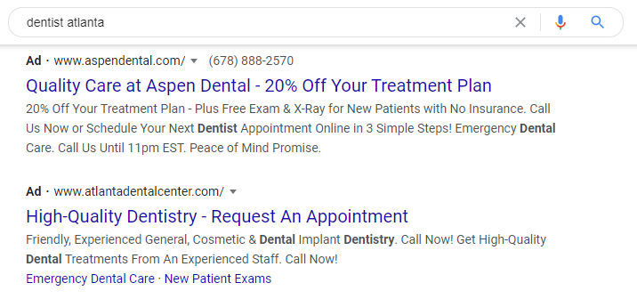 PPC search results for healthcare related searches